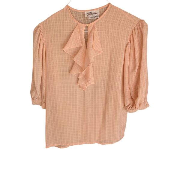 Vintage Peach and Pink Puff Sleeve Blouse with Ruffled Tie Front and Bib Collar - Picture 1 of 6
